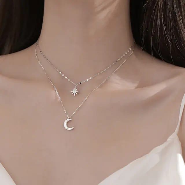 Collar de luna y estrella plateado